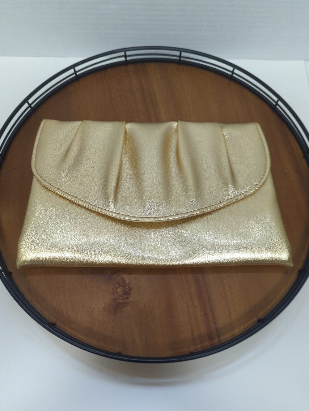 Vintage Avon Metallic Gold Faux Leather Clutch Pleated Details Snap Closure